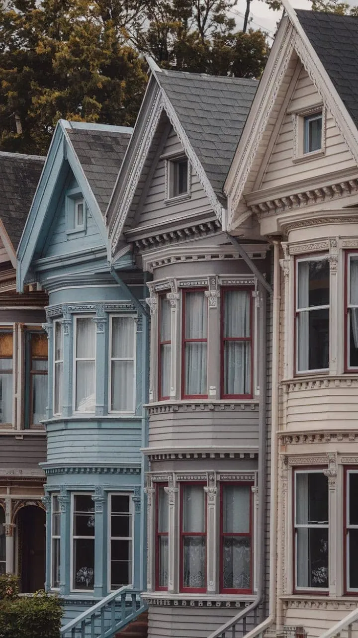 A colorful row of painted ladies, each telling its own tale, evokes the enchanting nostalgia of a bygone era in a picturesque setting.