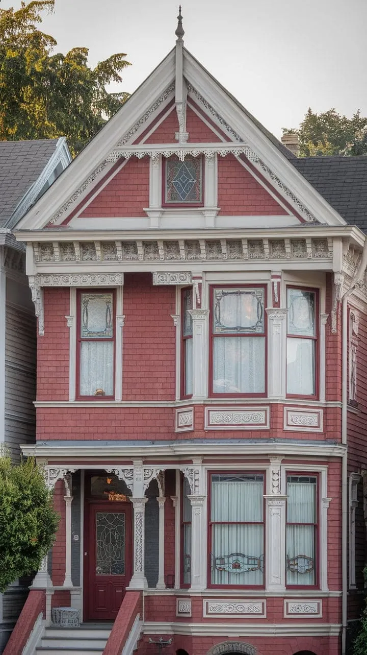 This Painted Lady, with its striking crimson bricks and colorful stained glass, beautifully embodies the artistry and sophistication of a bygone era.