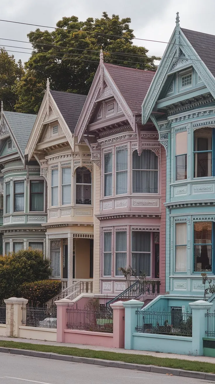 Elegant Victorian houses boast intricate details and pastel hues in a charming streetscape