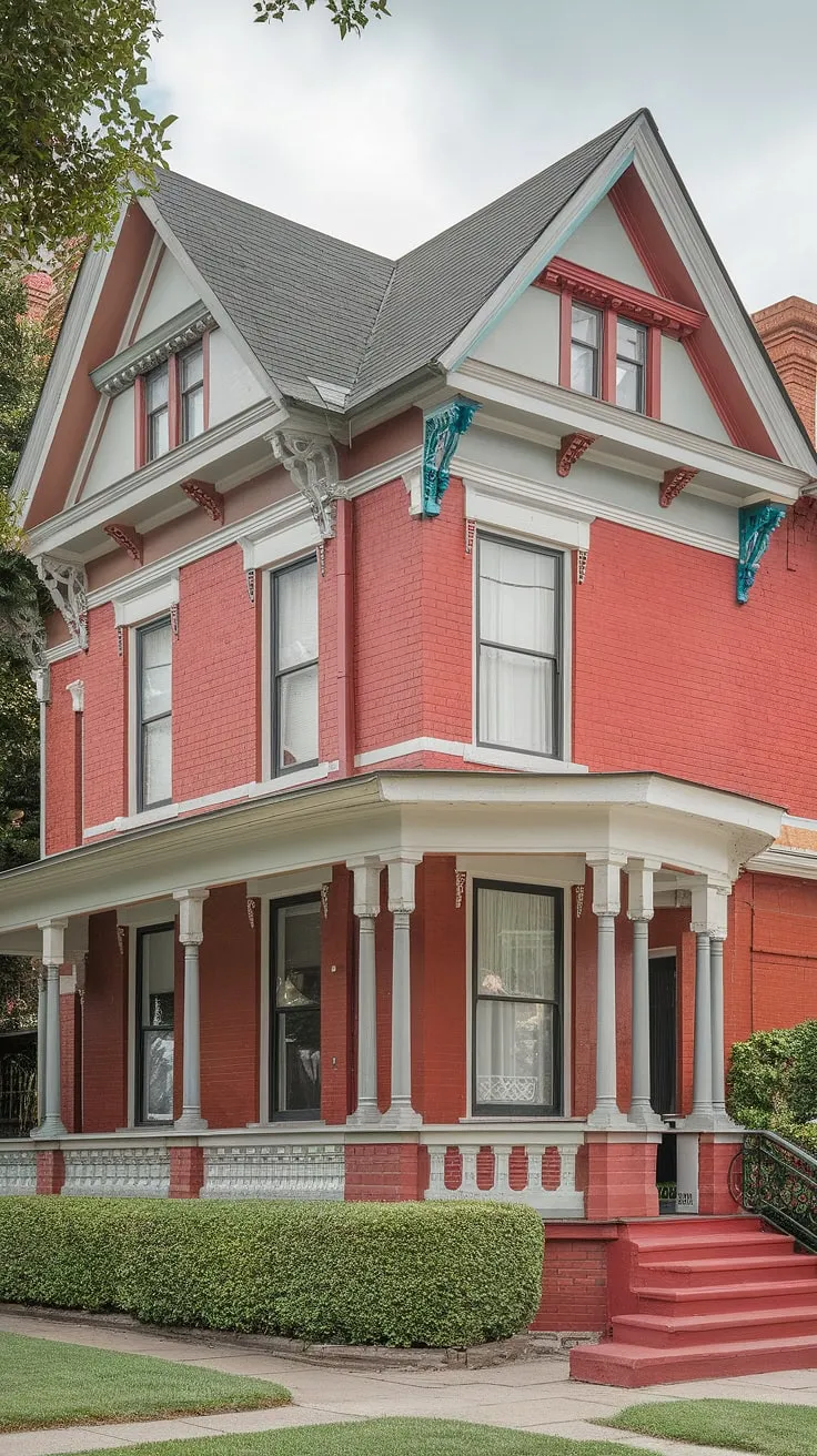 A vibrant Painted Lady Victorian home, boasting red brick, white trim, and a classic columned porch, stands proudly on a meticulously kept lawn.