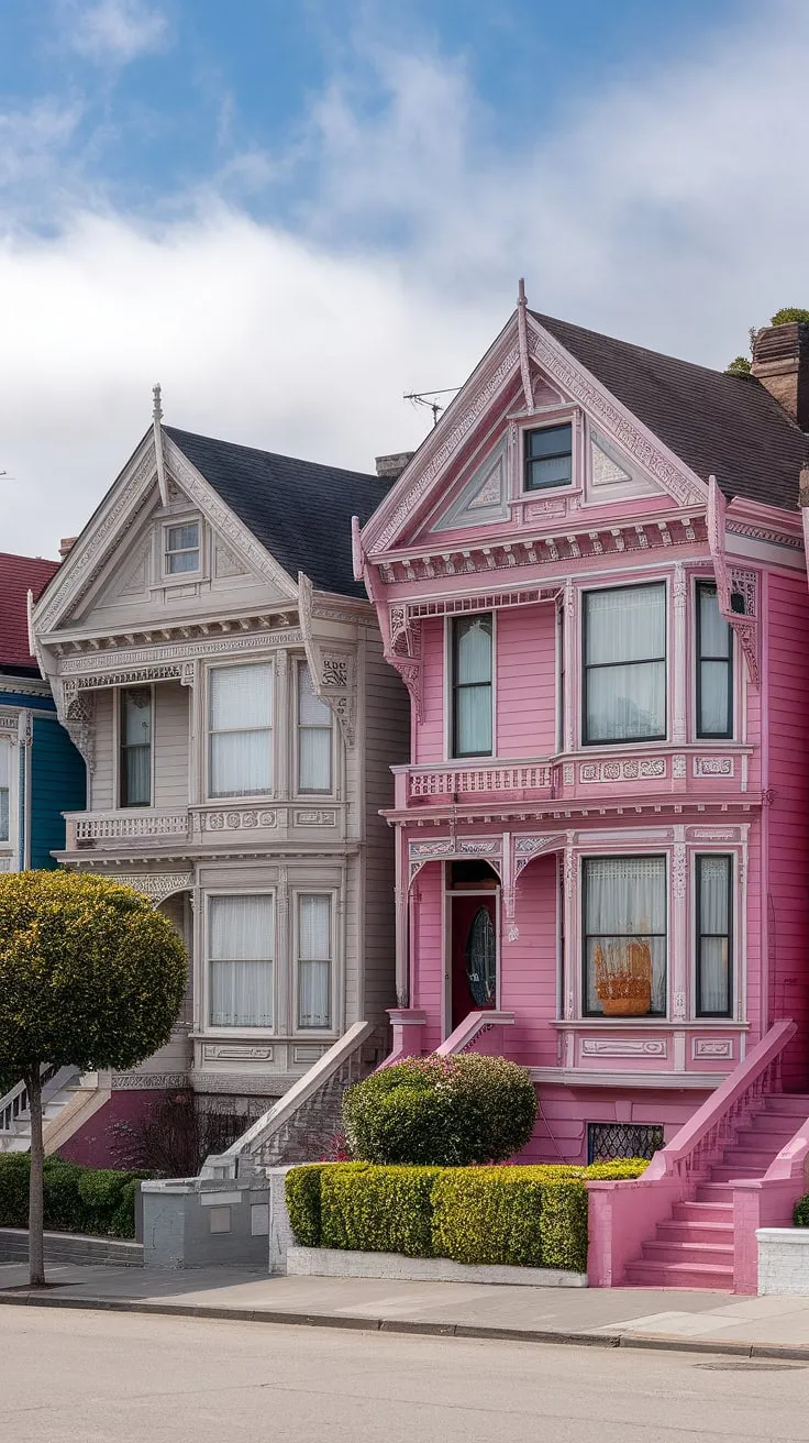 Ornate Victorian Painted Ladies line a quiet street, their intricate details and well-kept gardens showcased under a partly cloudy sky.