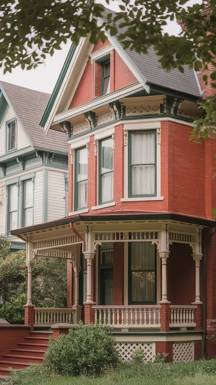 A picturesque row of meticulously maintained Victorian houses evokes a tranquil atmosphere.
