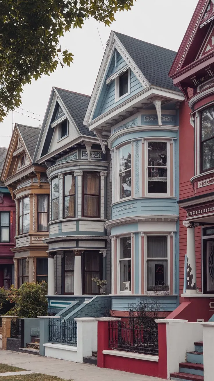 A picturesque row of multi-storied Victorian homes showcases ornate detailing and charming architectural variety.