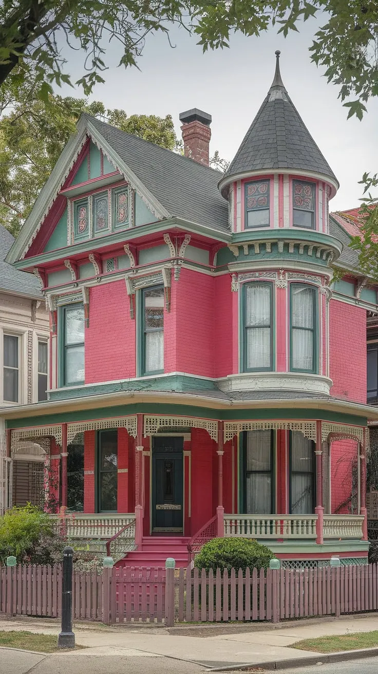 A vibrant Painted Lady Victorian home, boasting intricate details and a charming picket fence, stands proudly amidst its surroundings