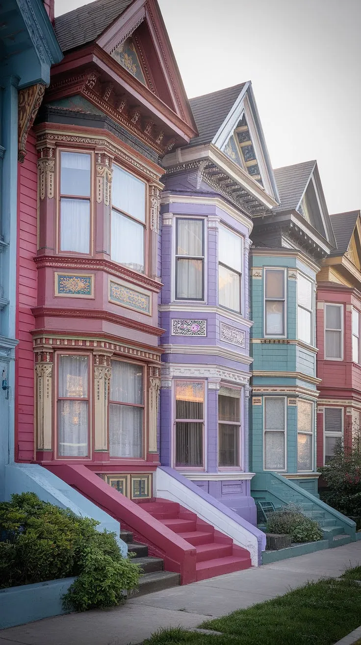 A row of exquisitely detailed Victorian houses in bright hues lines a leafy street.