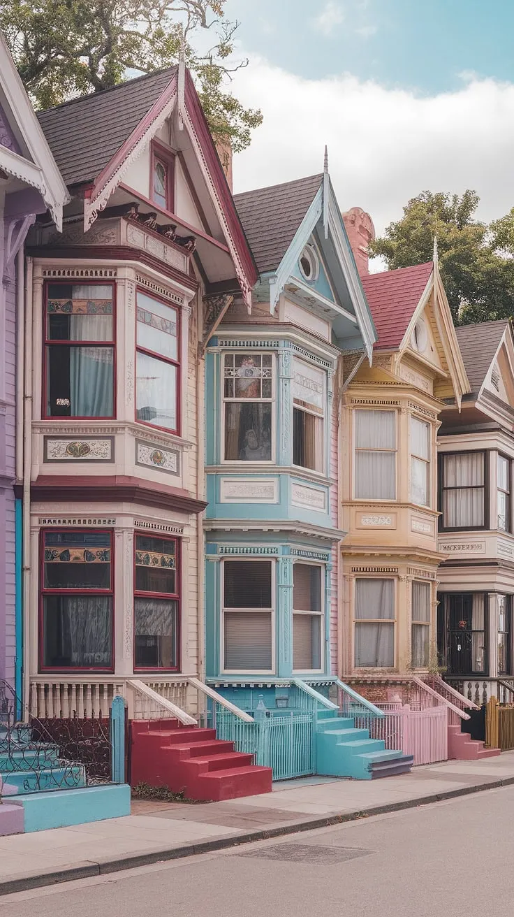Pastel-colored Victorian houses boast intricate woodwork, stained glass, and unique architectural details, creating a charming streetscape.