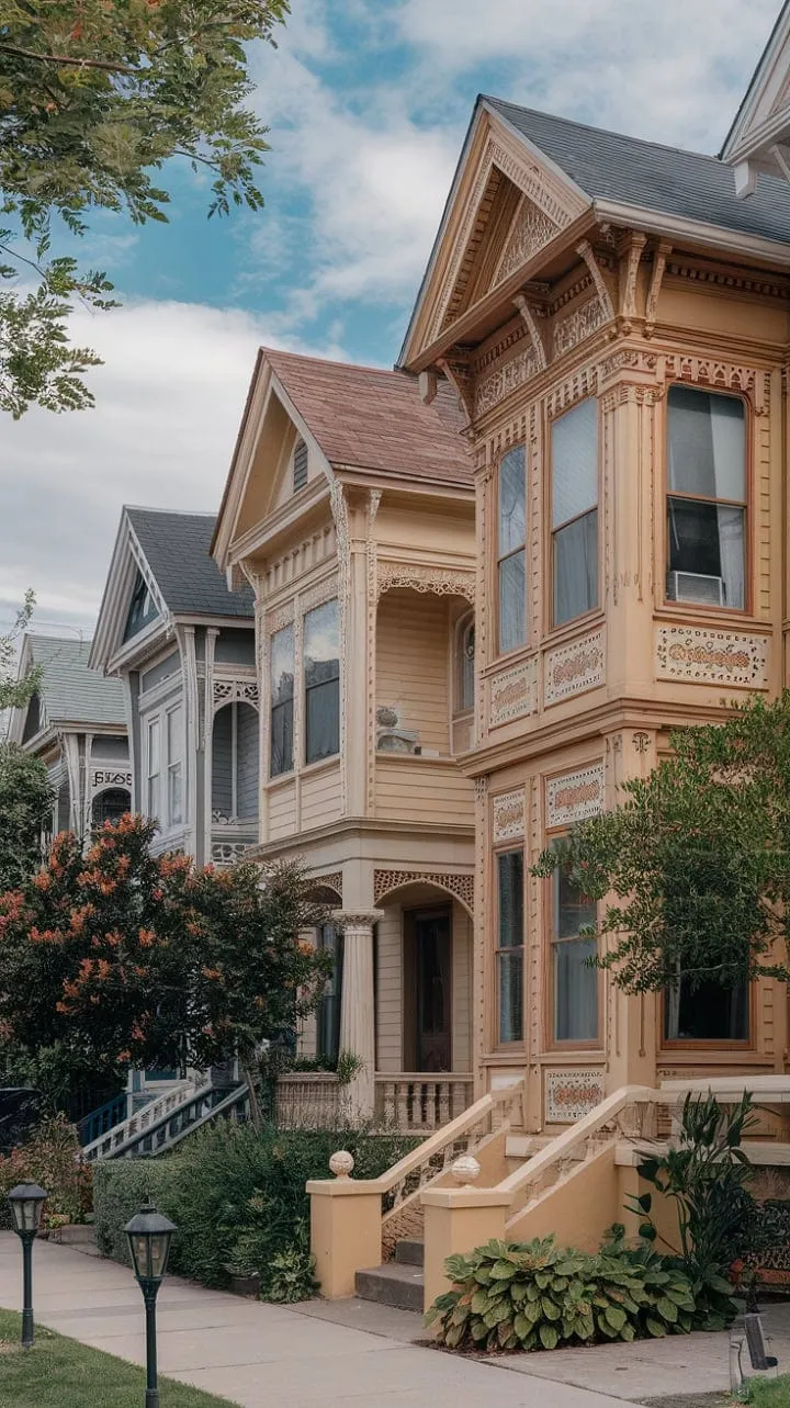 Victorian elegance flourishes in creamy facades and verdant greenery, where intricate carvings and gaslit walkways conjure a captivating sense of timeless charm.