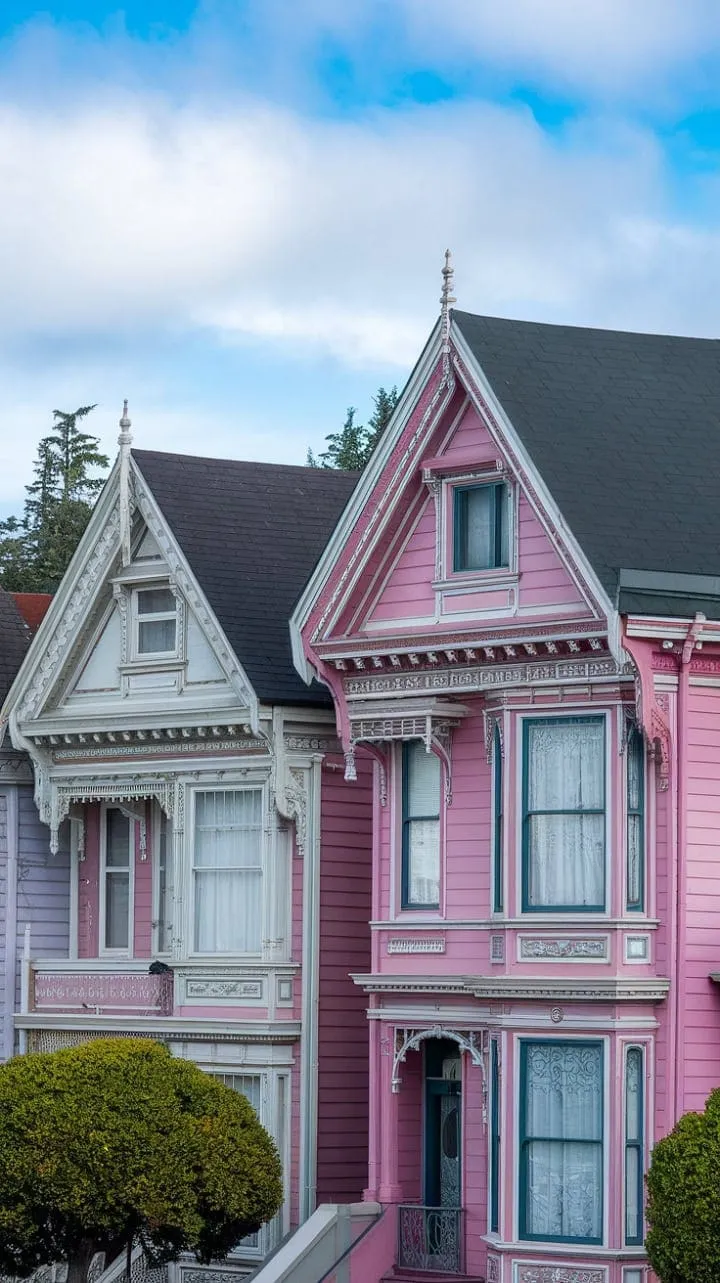 The Painted Ladies, adorned in pastel colors and intricate woodwork, epitomize Victorian elegance, forming a stunning postcard-perfect backdrop by serene waters.