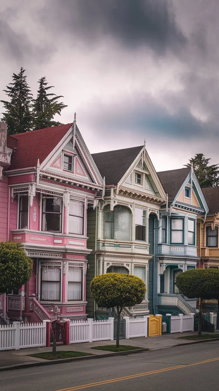 Ornate details adorn these colorful historic homes, creating a picturesque streetscape.