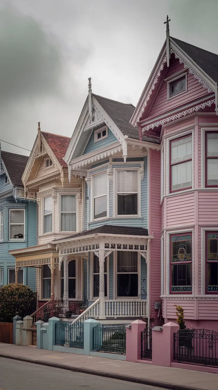 Elegant pastel Victorian homes, adorned with gingerbread trim and stained glass, line a quiet street under a gray sky