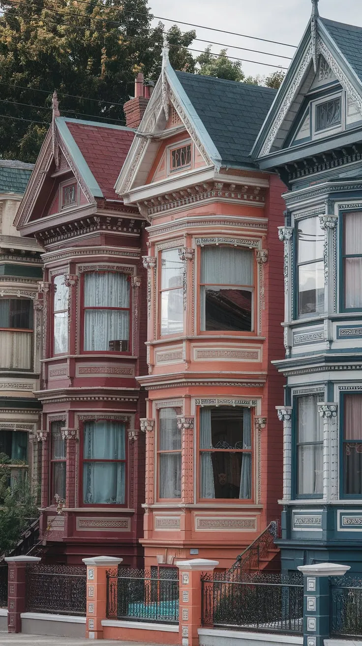 A row of colorful Victorian houses showcases elaborate architecture and captivating beauty