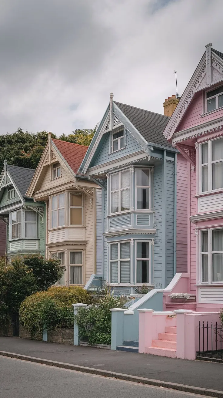 A row of uniquely styled Victorian homes, nestled in greenery under a cloudy sky, presents a picturesque scene.