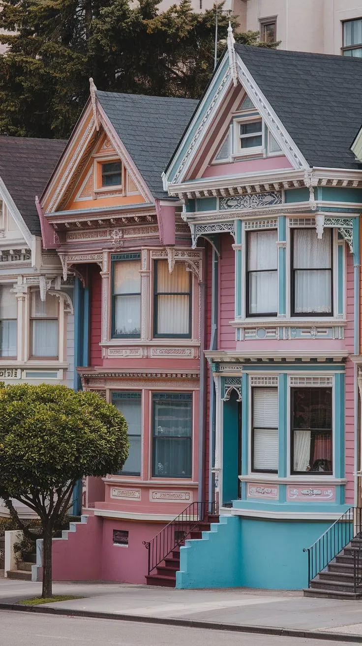 A row of colorful Victorian homes displays intricate details and architectural charm.