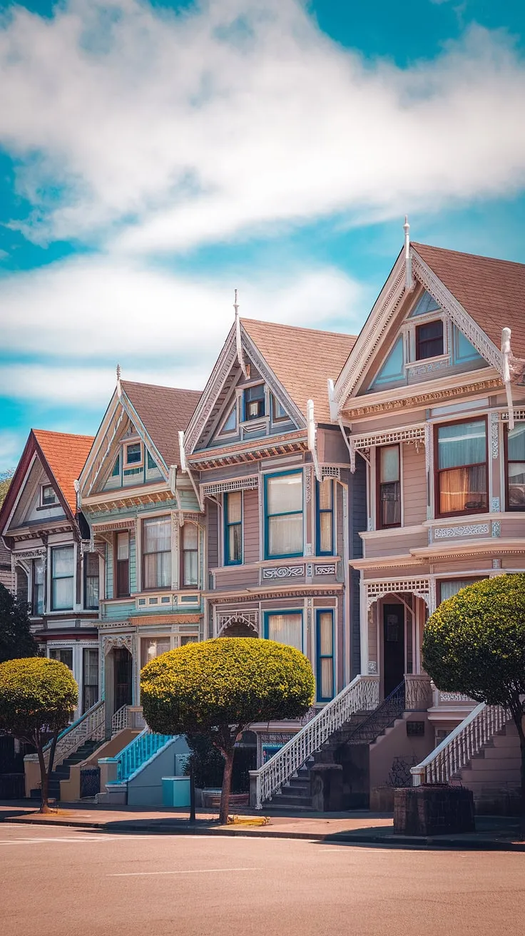 Vibrant Victorian Painted Ladies bask in sunshine, their intricate details showcasing architectural artistry