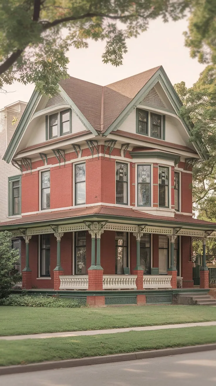 A softly focused photo captures a majestic Victorian home, its red brick and white paint accented by green trim, ornate porch, and lush lawn.