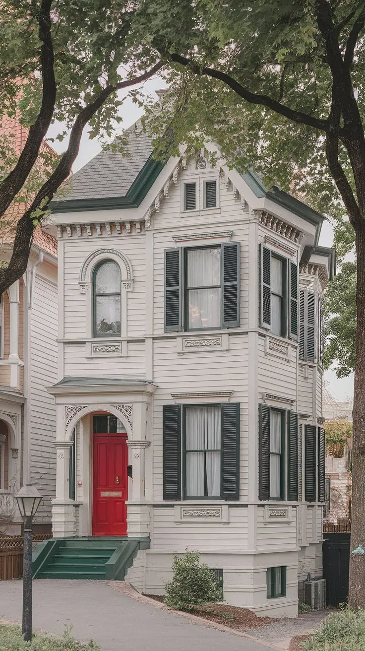 Elegant Victorian architecture is showcased in a charming white house with a vibrant red door, nestled amongst lush greenery and neighboring homes.