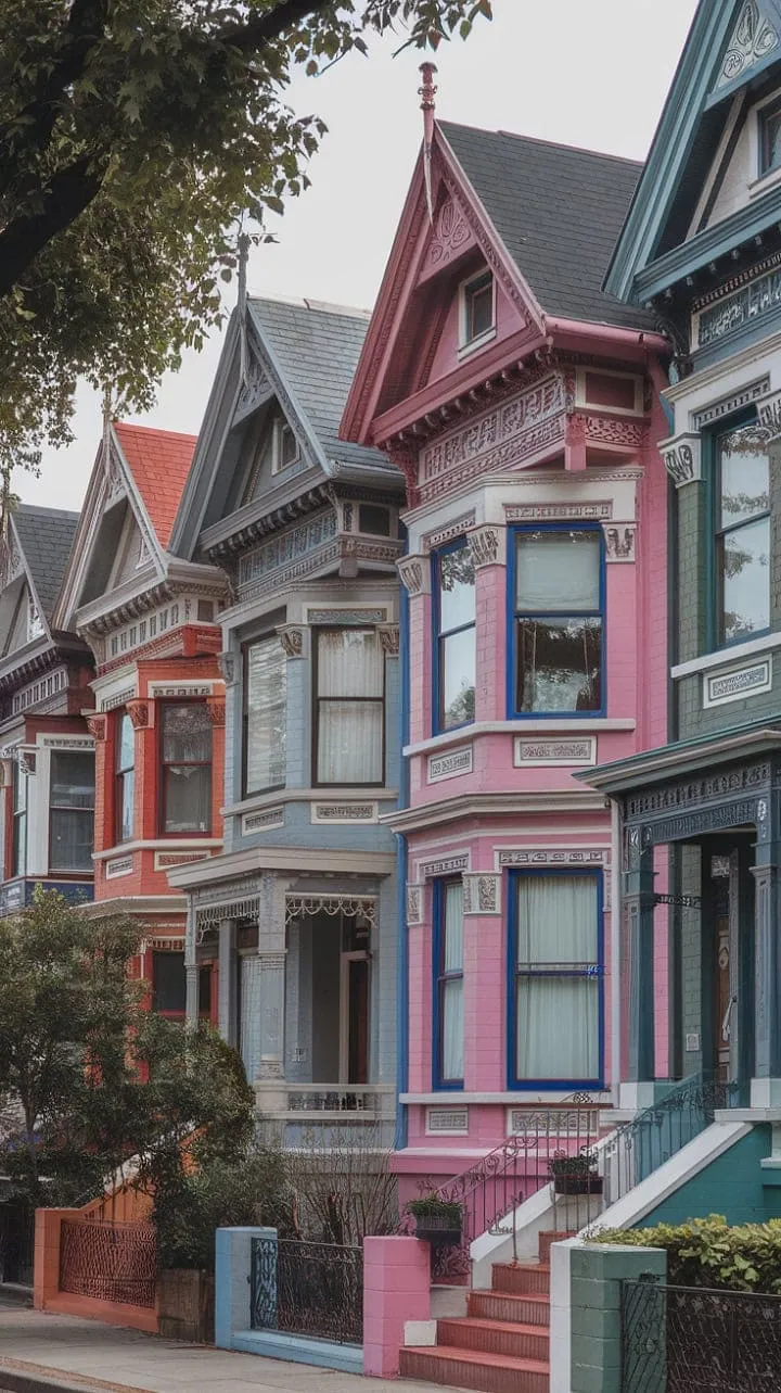 A picturesque street weaves together Victorian elegance, with each home narrating tales of artistry through its exquisite details.