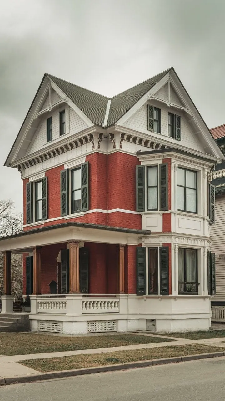 This enchanting Victorian treasure, with its striking red brick and white trim, beckons you to explore the captivating tales concealed behind its charming green shutters and inviting porch.