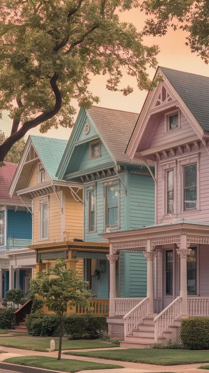 Victorian homes, adorned with pastel hues and intricate woodwork, offer a serene artistic haven nestled in vibrant greenery.