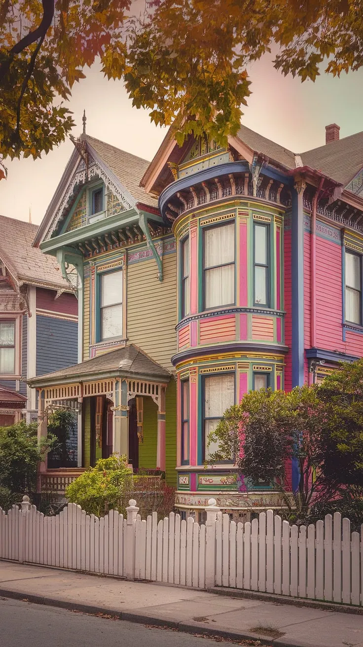 A whimsical array of painted Victorian houses creates a captivating scene of idyllic neighborhood life