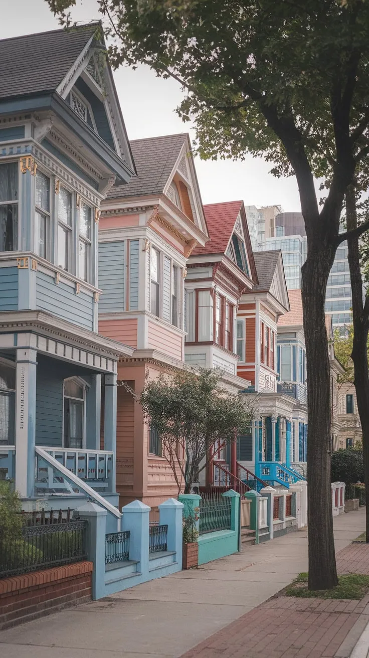 A row of ornate Victorian homes, boasting unique designs and colorful paint, stands in charming contrast to a modern city backdrop.