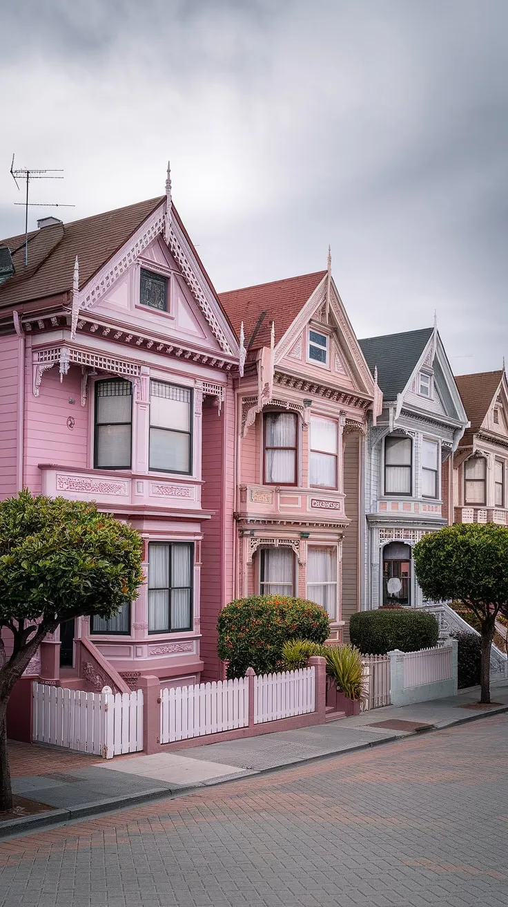 Overcast skies enhance the pink-hued charm of these ornate, multi-level homes nestled amongst greenery.