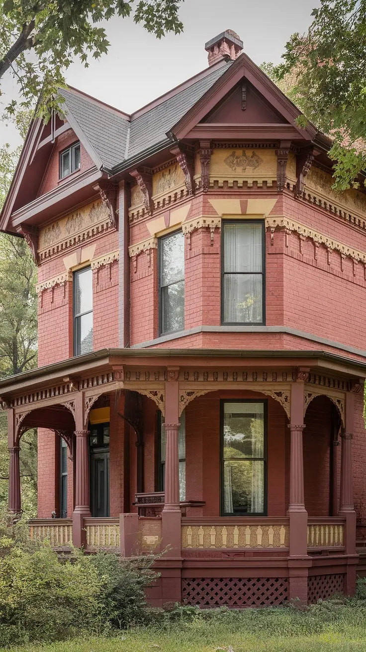 A grand Victorian home showcases ornate brickwork, a detailed facade, and lush landscaping.