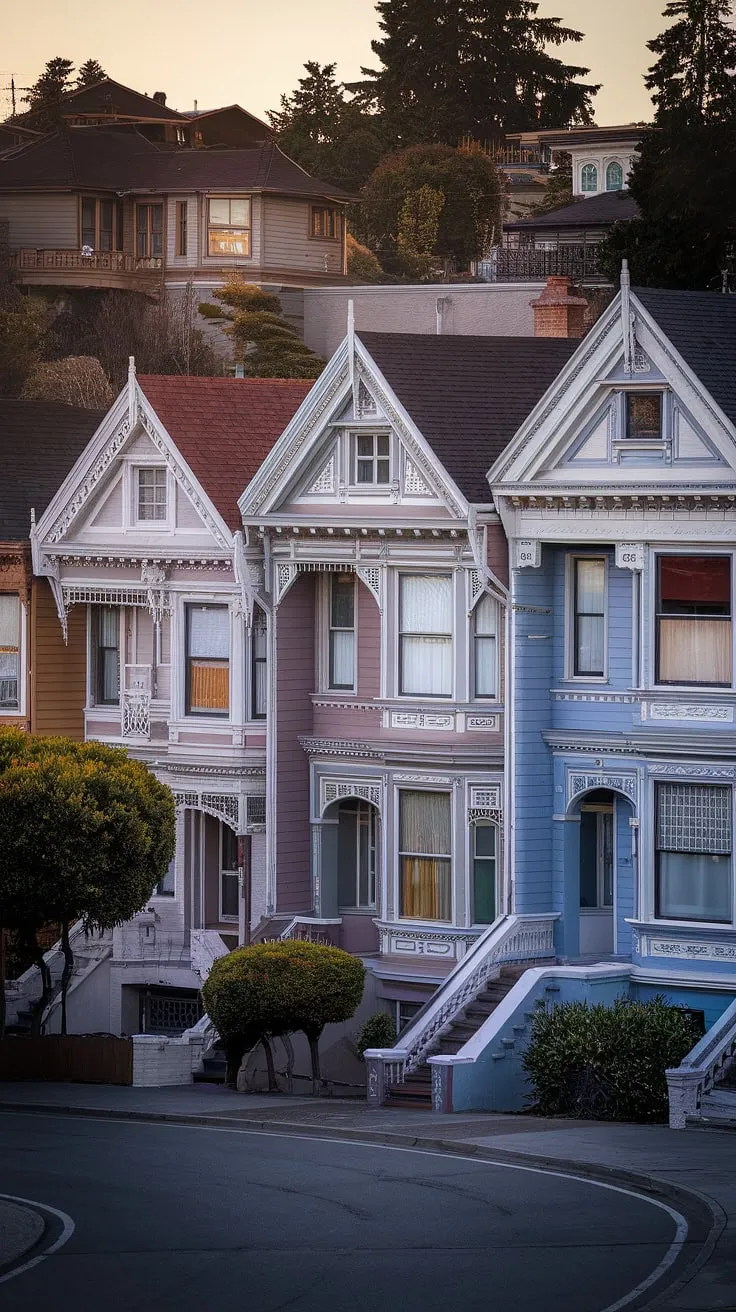 Pastel-painted Victorian homes, adorned with intricate woodwork, crown a hillside in a picturesque scene.