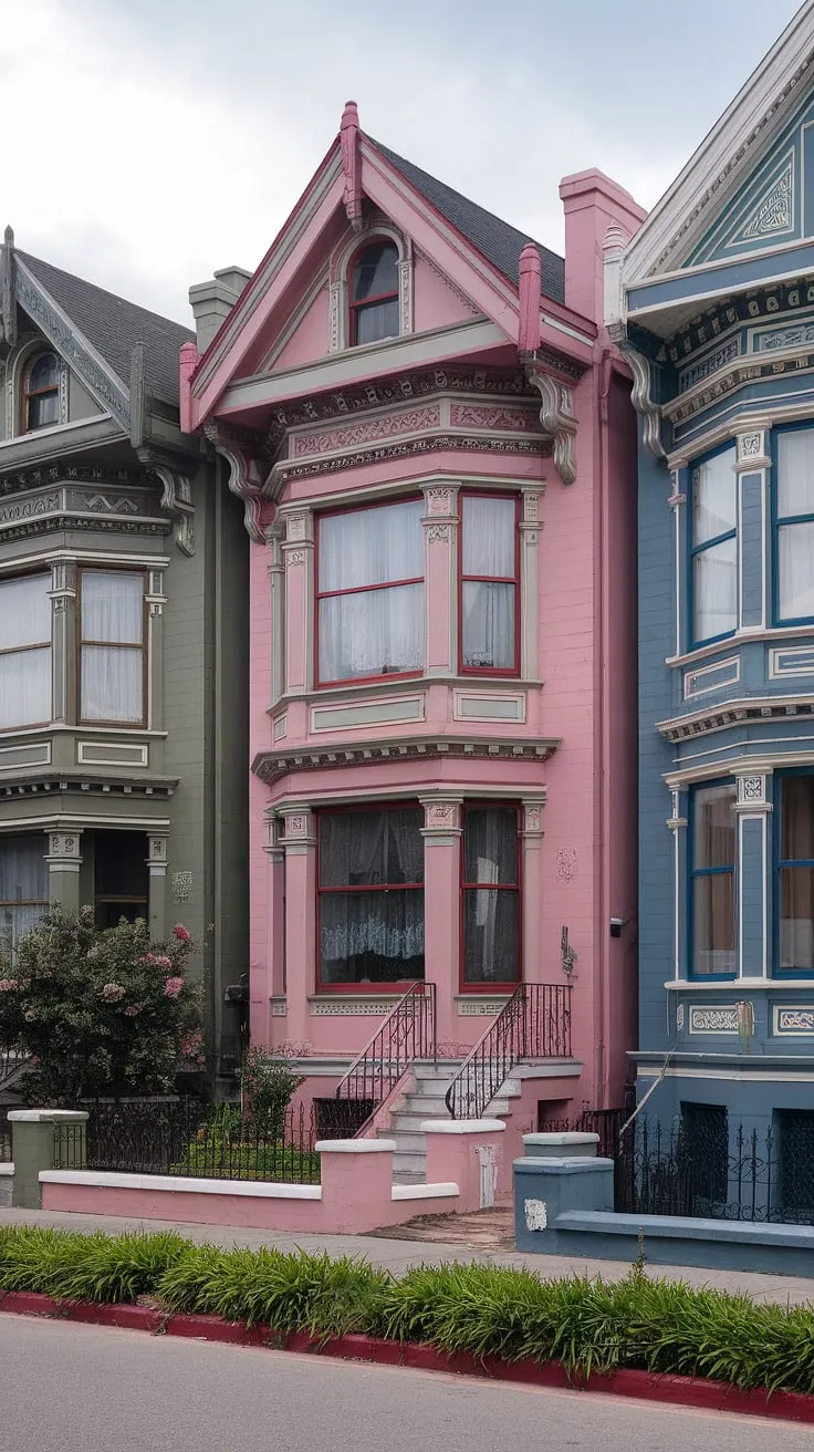 Three vibrantly colored Victorian houses stand in elegant architectural harmony