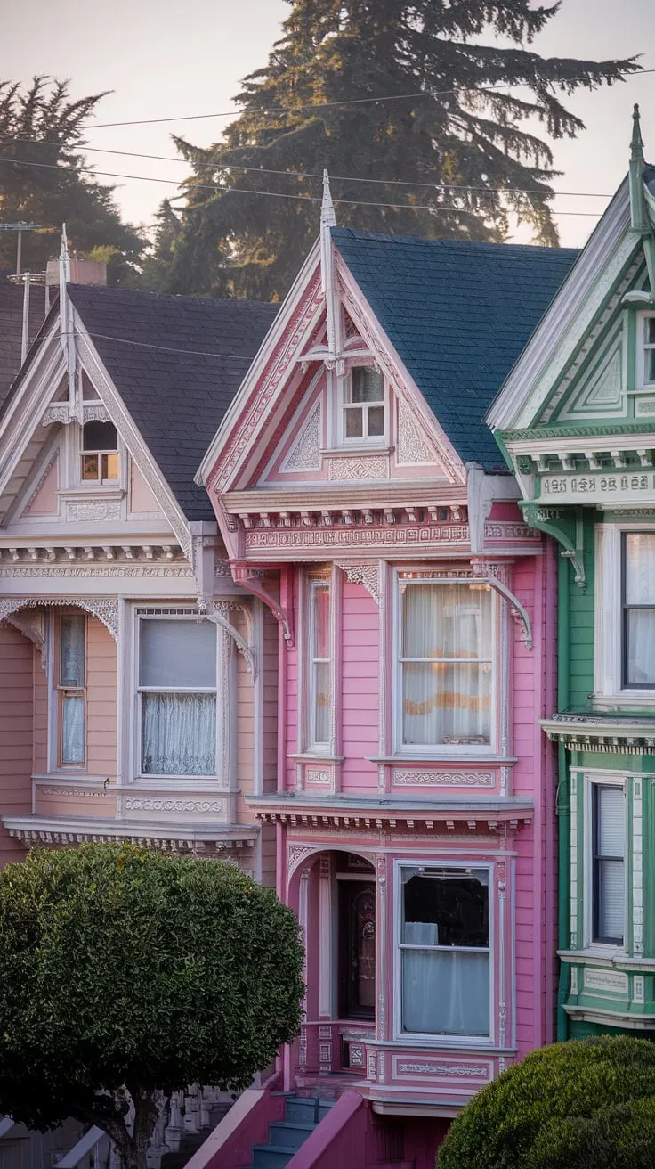 San Francisco's vibrant Painted Ladies showcase exquisite Victorian architecture in a captivating array of pastel hues