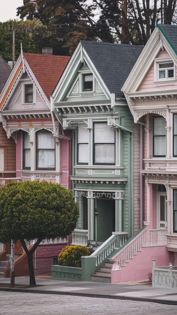 A row of colorful Victorian Painted Ladies, adorned with gingerbread trim and bay windows, stands proudly on a cobblestone street.