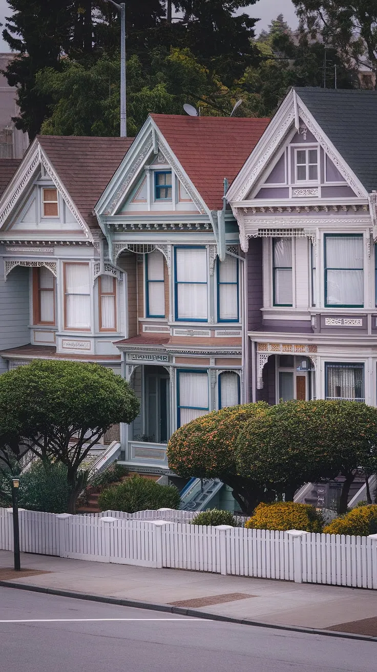 Pastel-colored Victorian houses, adorned with intricate details and lush greenery, evoke a charming elegance.