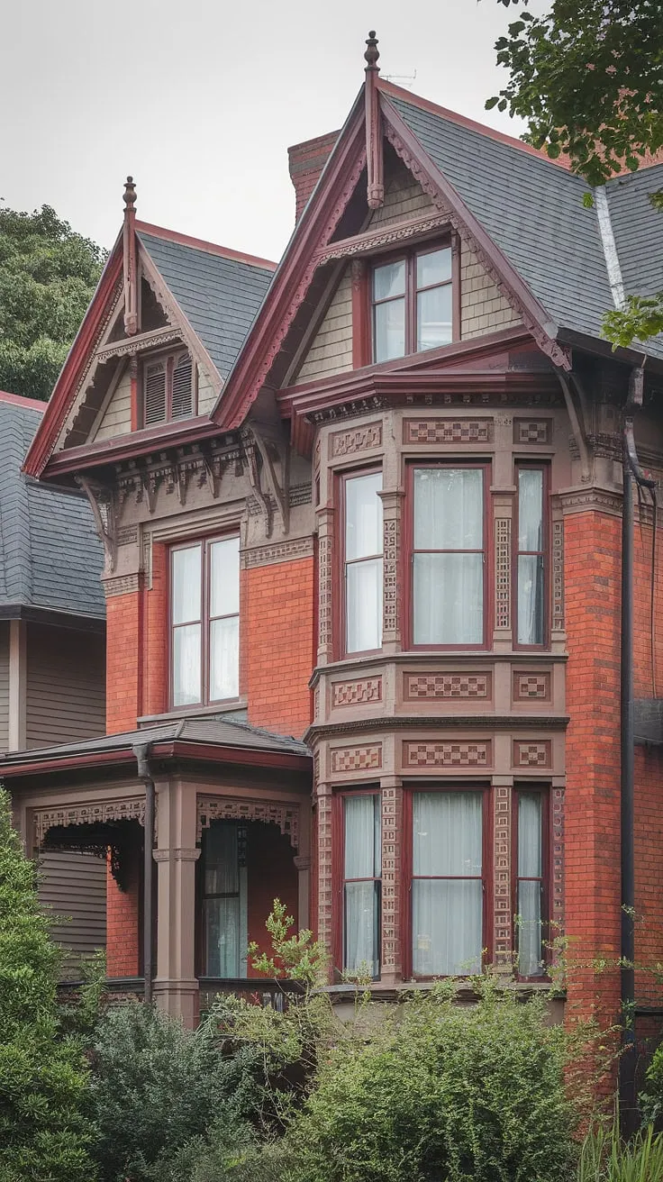 Lush greenery frames a majestic Victorian brick house, its intricate details and multiple gables hinting at a rich history
