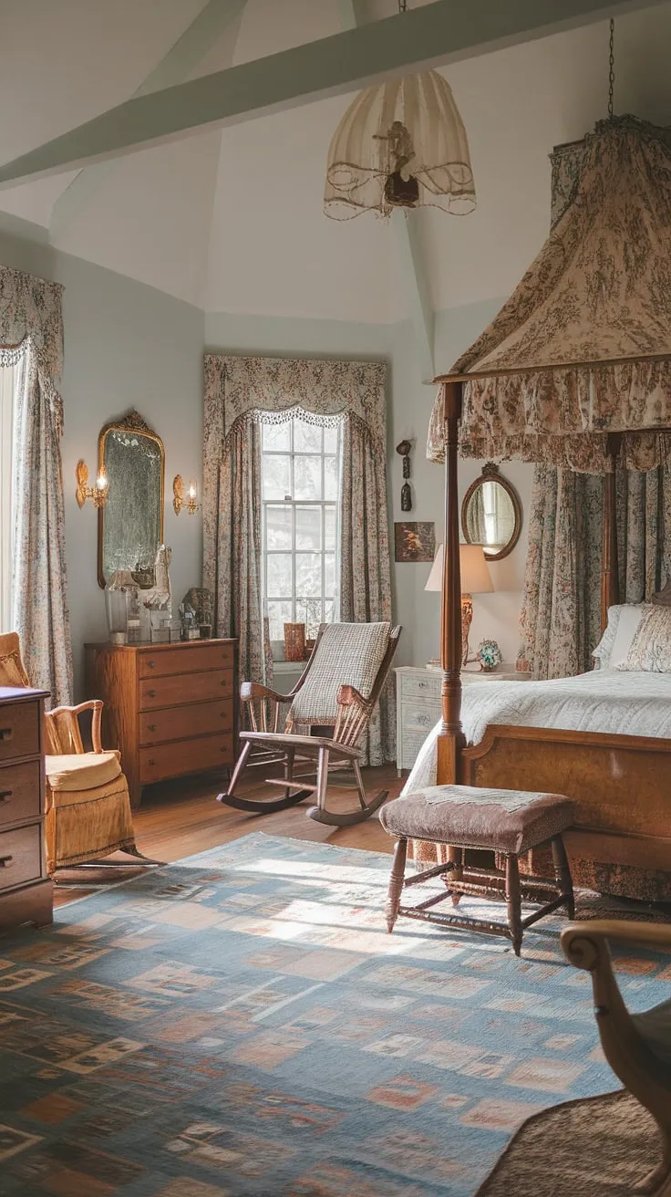 Lost in the dreamy embrace of this Victorian-inspired bedroom, where sunlight streams through lace curtains, illuminating the floral canopy and antique furnishings. The gentle rocking chair whispers tales of bygone eras, a perfect sanctuary for quiet contemplation and sweet dreams. A haven of cottagecore charm, this space is a testament to timeless elegance and refined simplicity.