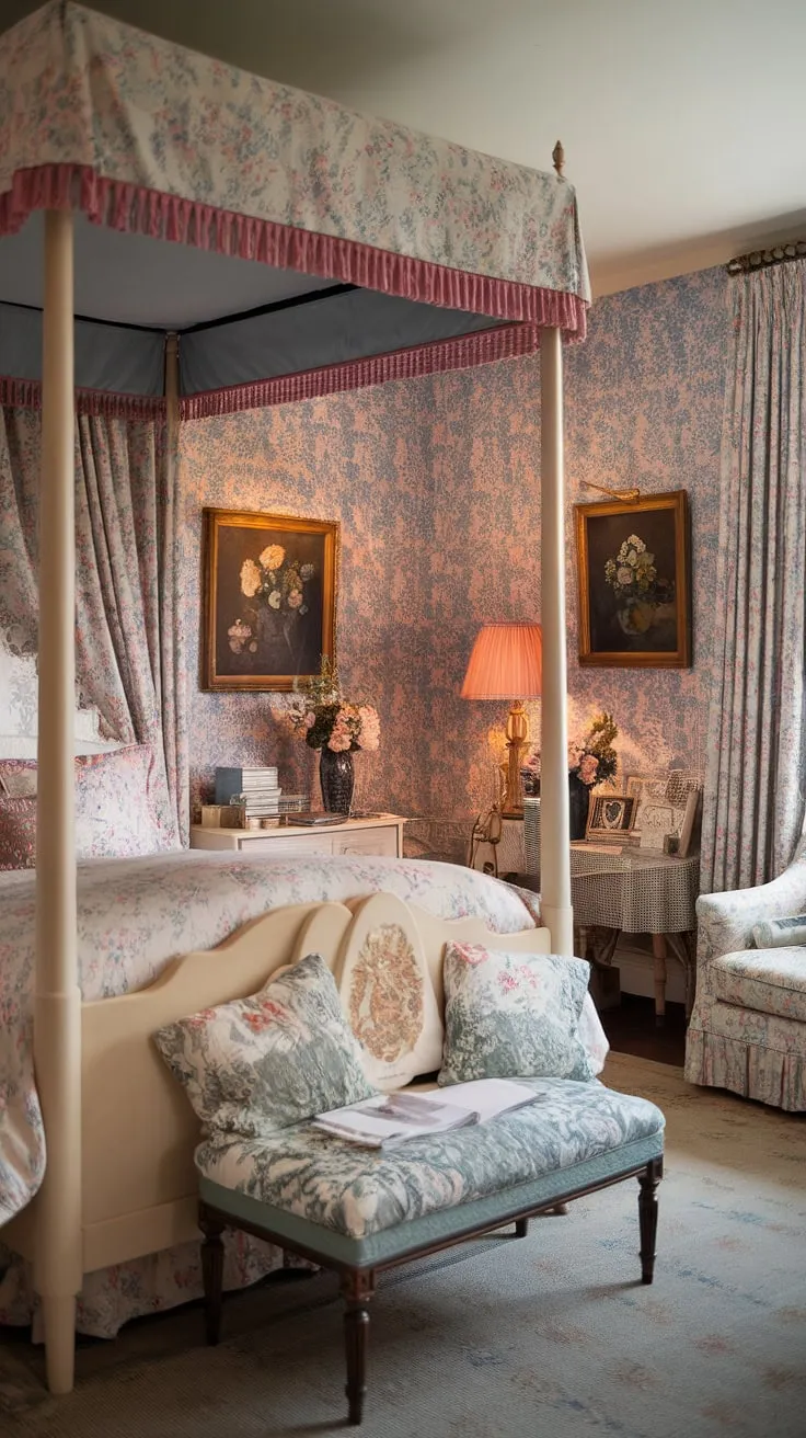 Step into a dream. This Victorian-inspired bedroom, with its floral wallpaper and four-poster bed, is the epitome of cozy cottagecore. The delicate details, from the vintage lamp to the carefully chosen floral arrangements, create a haven of tranquility and charm. A perfect escape from the everyday.