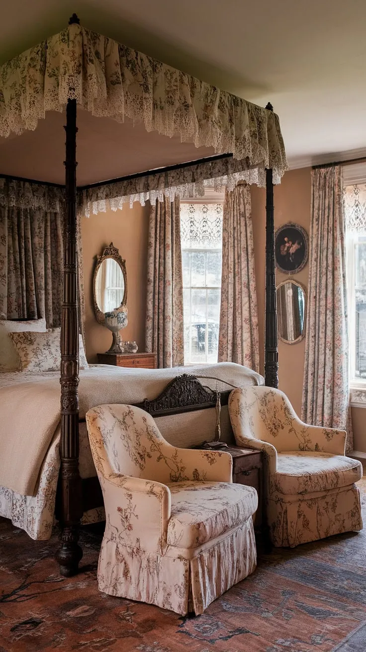 Escape to this idyllic cottagecore bedroom, a haven of peace and tranquility. The four-poster bed, draped in a floral canopy, promises restful nights. Surrounded by vintage details, like the ornate mirror and lace curtains, this room is a testament to timeless elegance. Every detail, from the patterned rug to the charming floral chairs, contributes to the room's captivating ambiance, creating a space where you can truly unwind and reconnect with yourself.