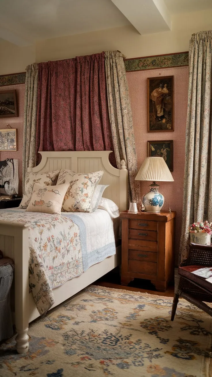Step into a world of whimsical charm and tranquility. This Victorian-inspired bedroom, with its floral quilt, vintage artwork, and warm ambiance, is the perfect sanctuary for restful nights and dreamy mornings. The carefully curated details, from the wooden nightstand to the patterned rug, create a space that feels both cozy and elegant. A haven of peace awaits.