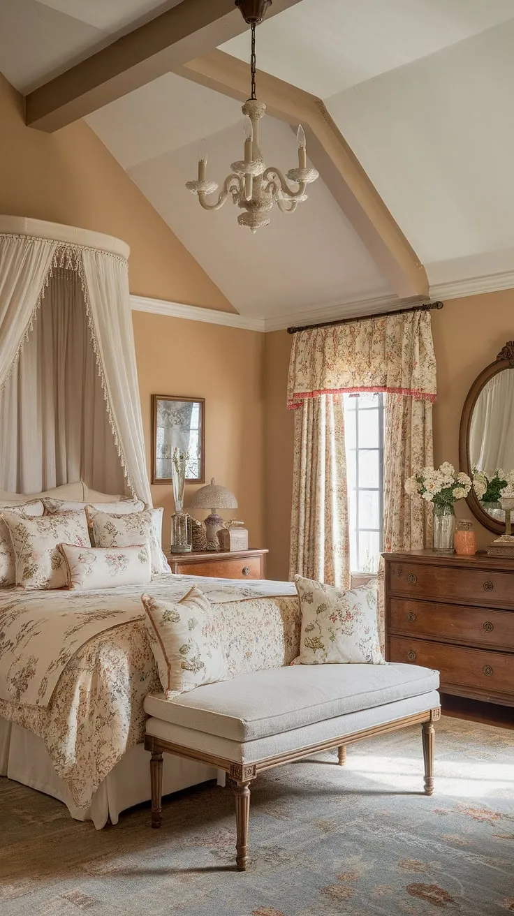 Step into a haven of tranquility; this Victorian-inspired bedroom, with its high ceilings and warm, inviting atmosphere, offers a peaceful retreat. The floral bedding and antique dresser create a charming cottagecore aesthetic, perfect for unwinding after a long day. A sense of calm permeates every detail, from the patterned rug underfoot to the gentle light filtering through the floral curtains.