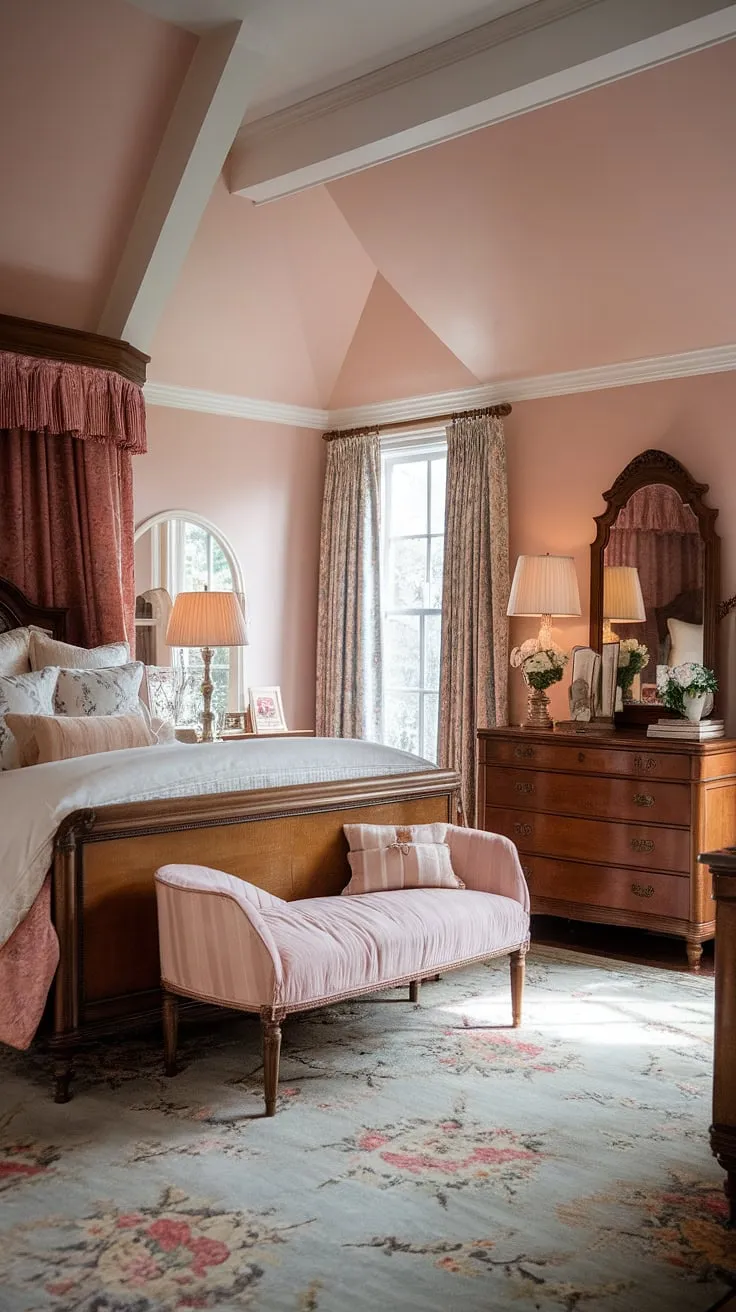 Lost in the gentle embrace of a bygone era, this bedroom's antique charm and cottagecore details create an atmosphere of unparalleled tranquility. The plush bed, adorned with soft pillows, invites you to sink into its comforting depths, while the soft pink walls and floral rug add a touch of whimsical elegance. A haven of peace and quiet awaits.