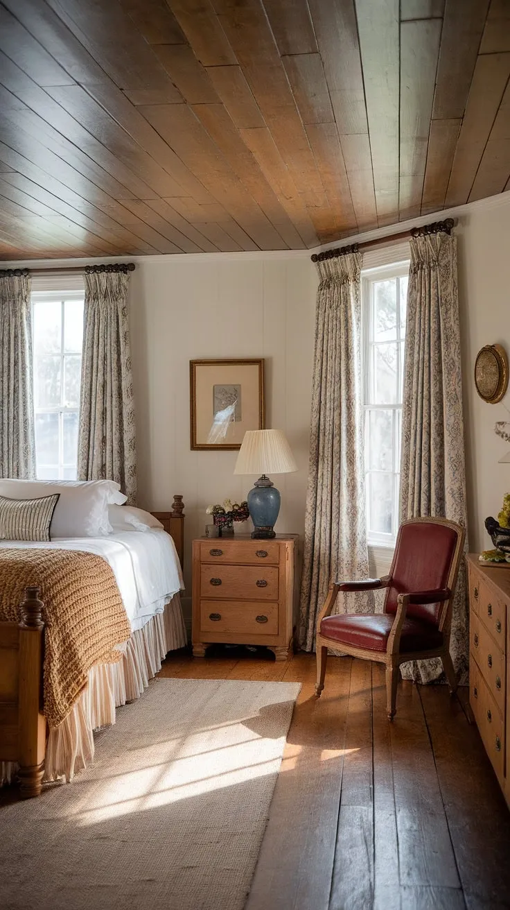 Drift away to a land of dreams in this charming bedroom. A perfect blend of Victorian grace and cottagecore charm, the room's rustic wooden beams and delicate white walls create a calming atmosphere. Every detail, from the woven throw to the gentle lamplight, whispers of comfort and tranquility. A truly idyllic escape.
