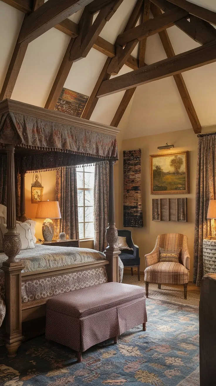 Step into a world of Victorian charm and cozy comfort. This bedroom, with its high beamed ceilings and ornate canopy bed, is a sanctuary of tranquility. The rich textures and vintage details create an atmosphere of warmth and inviting elegance; a perfect escape from the everyday.
