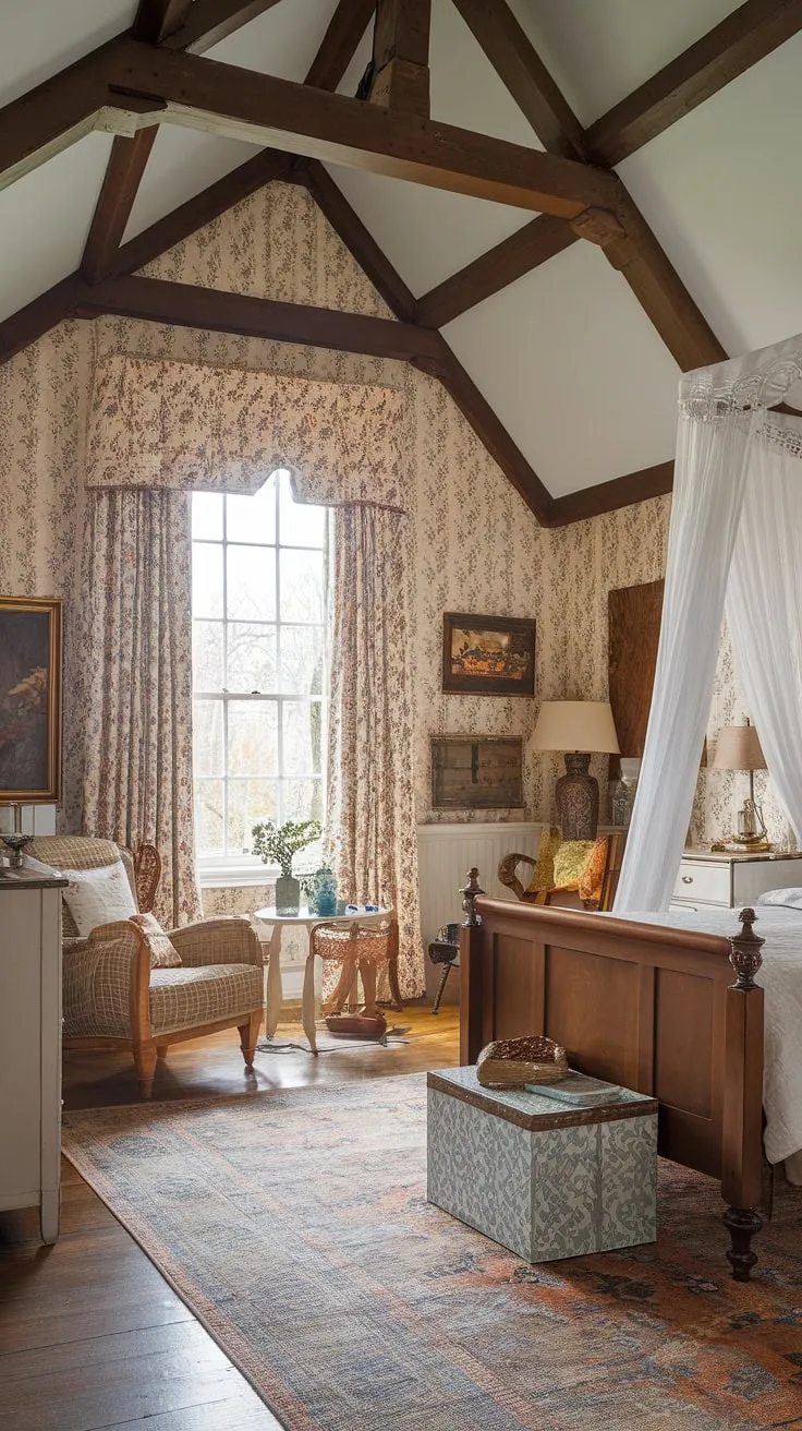 Sunlight streams through the patterned curtains of this enchanting cottagecore bedroom, illuminating the delicate floral wallpaper and the warm tones of the wooden bed. The high ceilings and exposed beams add to the room's captivating character, creating a space that feels both grand and intimate. A haven of peace and serenity, this room is a testament to the beauty of simple elegance.