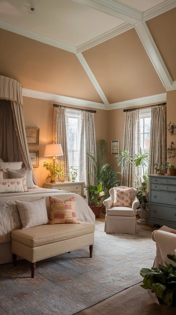 This cozy Victorian bedroom, with its high ceilings and delicate white trim, whispers tales of quiet afternoons and peaceful nights. The carefully chosen furniture, lush plants, and warm lighting create an inviting atmosphere, a perfect blend of vintage charm and modern comfort. A space designed for dreaming.