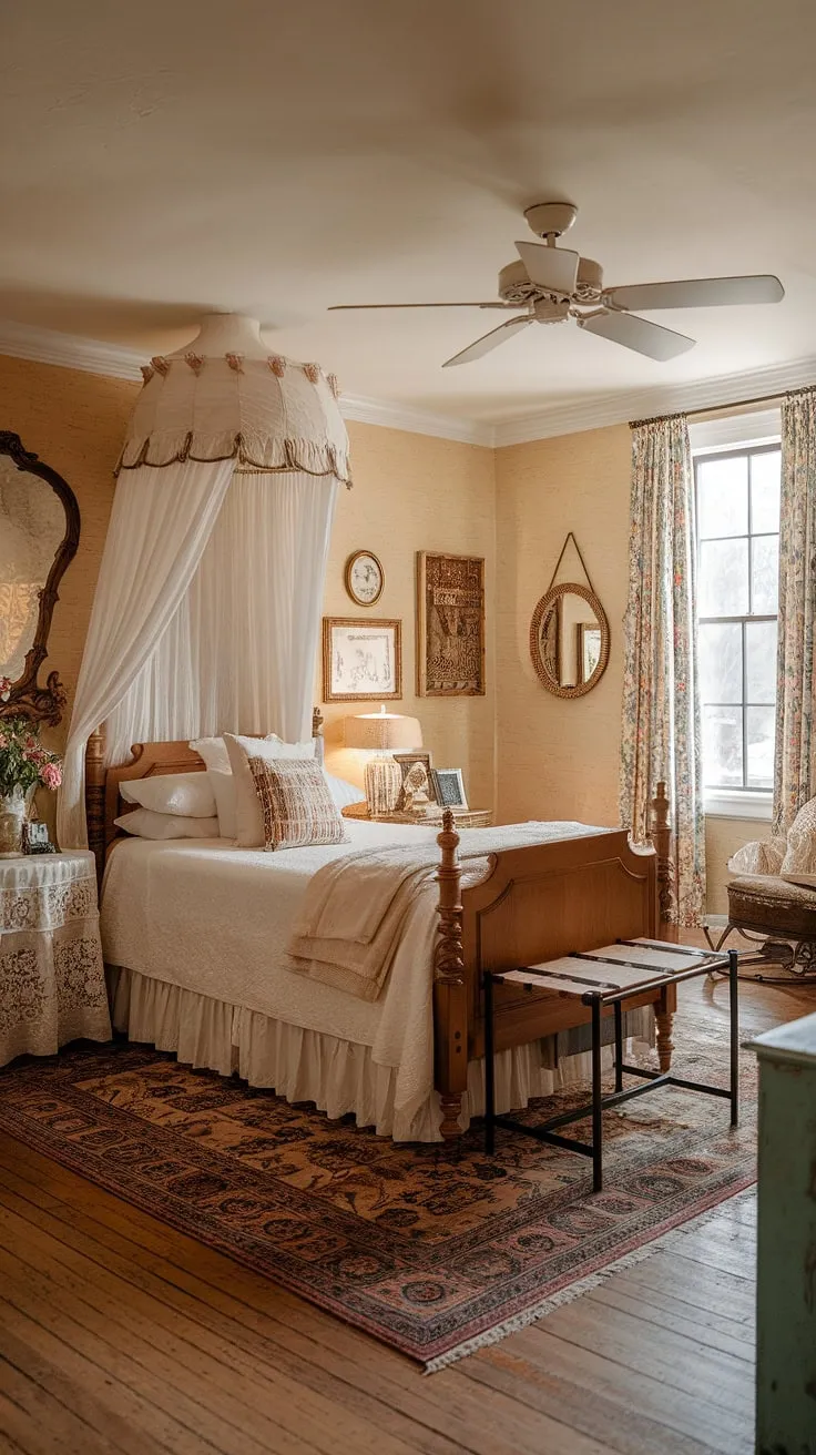 Step into a world of whimsical charm and comforting elegance. This Victorian-inspired bedroom, complete with a canopy bed, patterned rug, and carefully curated décor, offers a tranquil retreat. The wooden floors and gentle sunlight create a space of pure serenity and peaceful slumber.