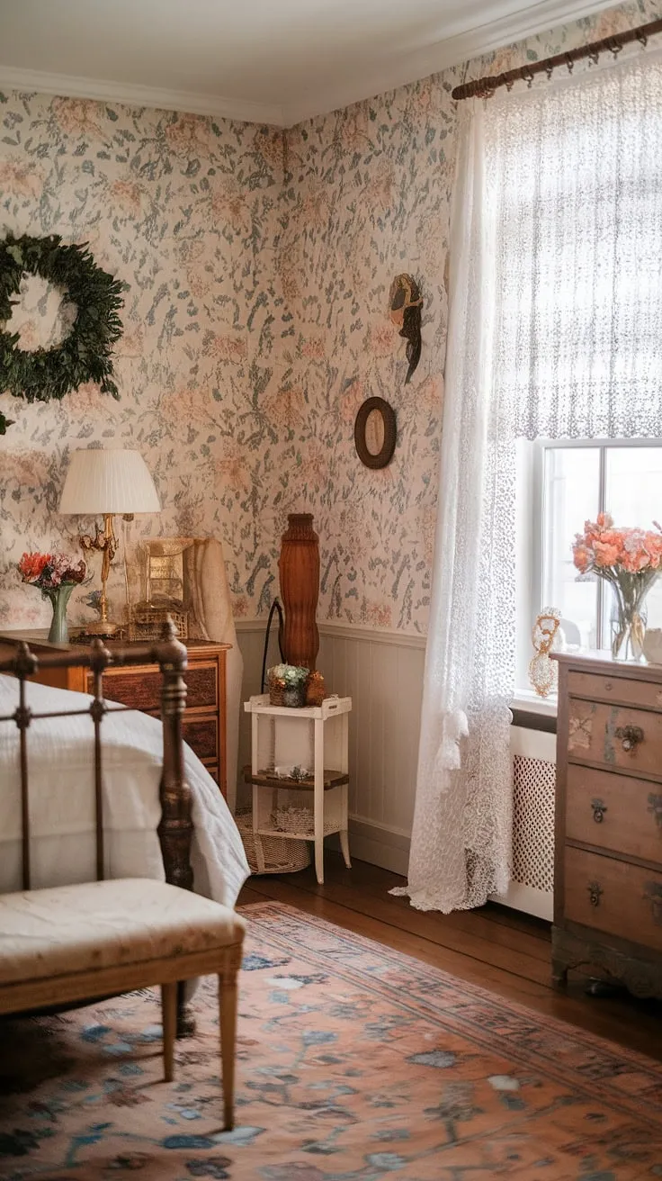 This Victorian-inspired bedroom, with its cottagecore heart, is a dream come true. The delicate lace curtains, patterned rug, and carefully chosen decorative items create an atmosphere of warmth and inviting serenity. A truly enchanting escape.