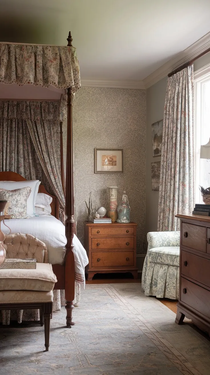 Lost in the pages of a fairytale, this Victorian-inspired bedroom whispers stories of bygone eras. The delicate floral canopy, the warm glow of the lamplight, and the comforting textures all contribute to a sense of peaceful escape. A sanctuary of calm, it's a space where dreams are born and cherished.
