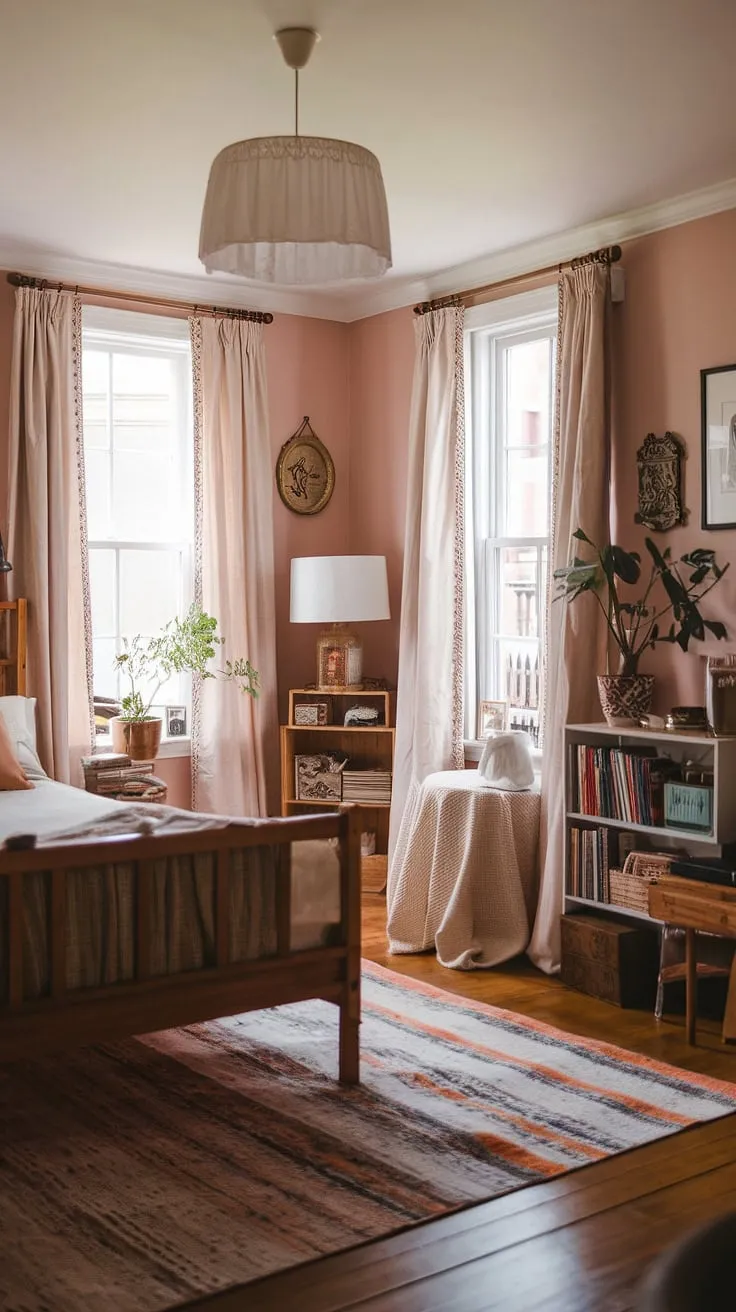 Lost in the pages of a fairytale, nestled within this blush-pink haven. This Victorian cottagecore bedroom, with its wooden bed and charming details, is a sanctuary of peace and quiet. The soft light filtering through the white curtains creates a magical ambiance, perfect for unwinding after a long day.