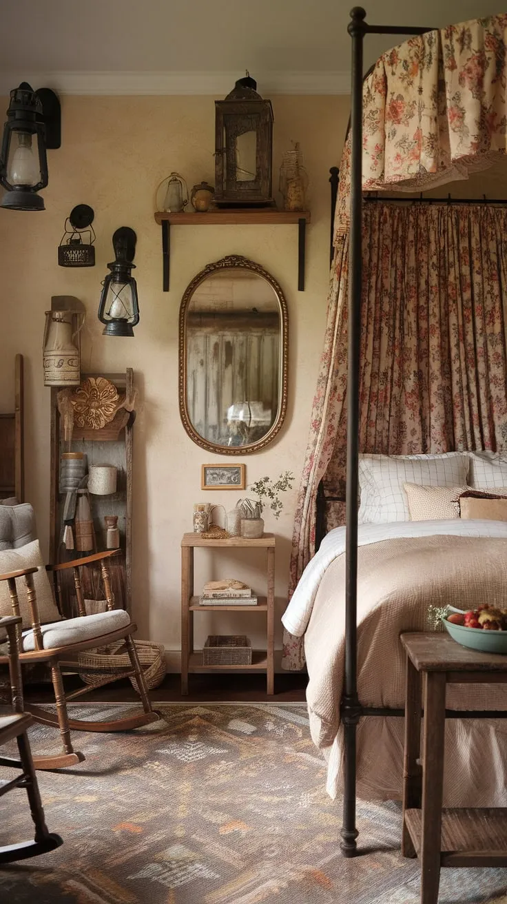 Step into a world of whimsical charm and enchanting details; this Victorian-inspired cottagecore bedroom is a sanctuary of peace, where dreams are woven amongst floral canopies and the gentle creak of a rocking chair. The warm glow of vintage lanterns illuminates a space brimming with rustic elegance and handcrafted treasures.