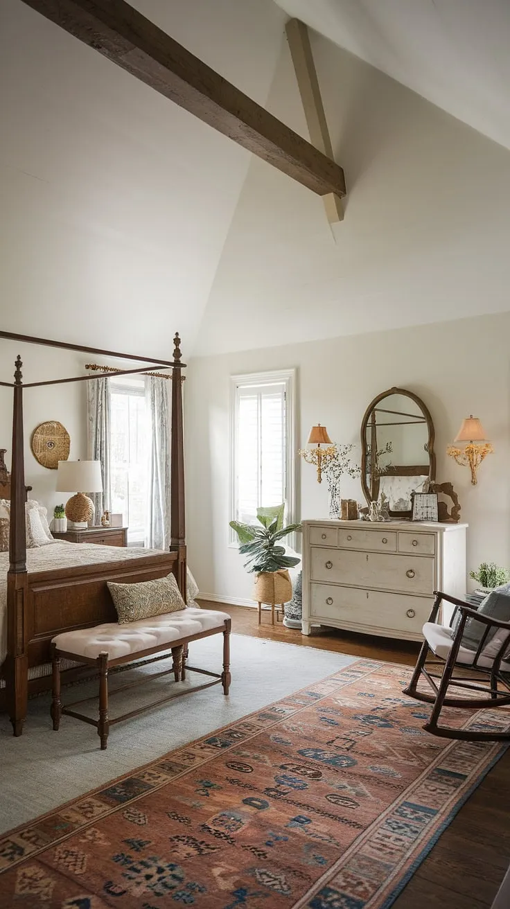 Lost in the gentle sway of the rocking chair, surrounded by the soft glow of lamplight and the comforting scent of wildflowers, this Victorian-inspired cottagecore bedroom offers a sanctuary of peace. The high ceilings and exposed wooden beams add to the charm, creating a space where dreams are born and worries fade away. A perfect escape from the everyday.