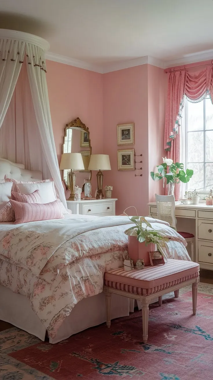 Lost in the whimsical charm of this pink-hued Victorian bedroom. Every detail, from the floral bedding to the delicate window curtains, speaks to a life lived simply and beautifully. A tranquil escape where imagination flourishes.